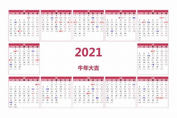 日历2021年1月日历表黄道吉日